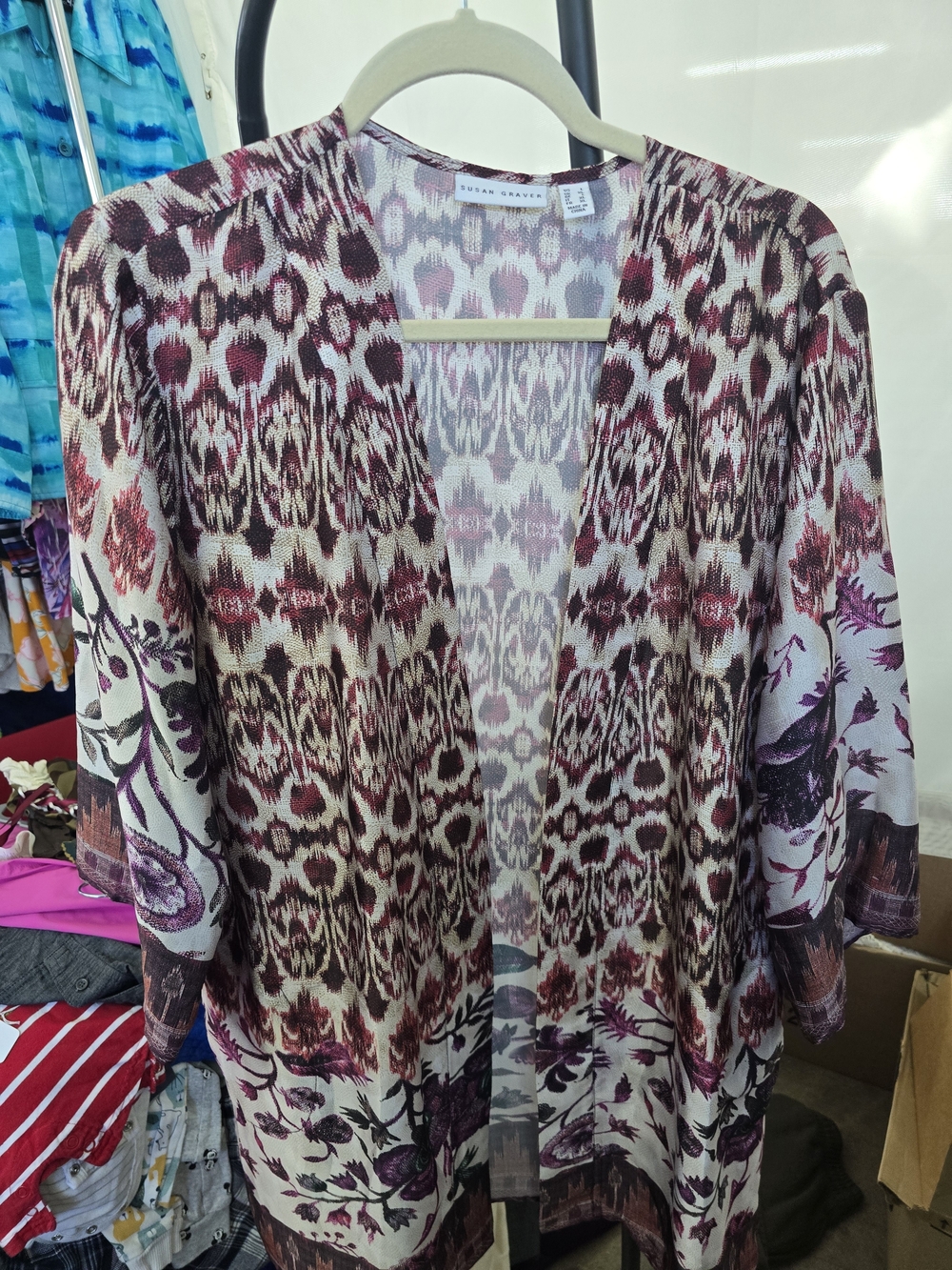 Susan Graver Printed Layering Cardigan - Cream & Plum